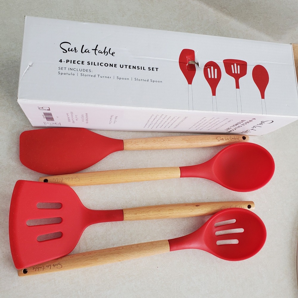 New Sur‎ La Table 4 Piece Silicone Utensil Red Wooden Handle Serving Set Holiday